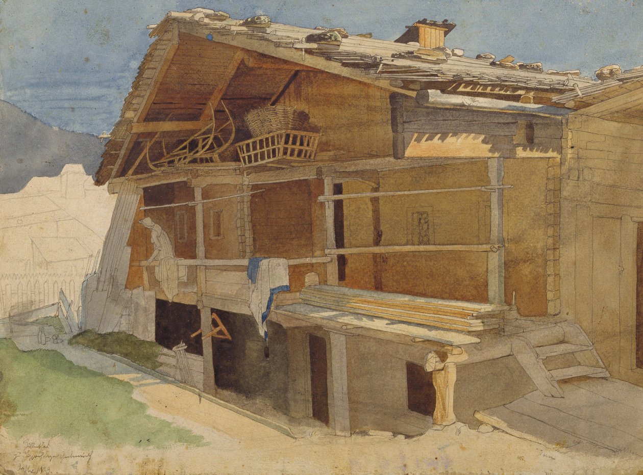 正在建设中的农舍，1829年（笔和墨水和纸上的卫生纸） 作者 雅各布·根斯勒
