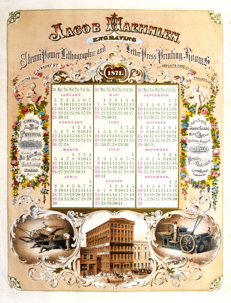 Jacob Haehlen Engravers  -  1871年的日历，1871年（石版画） 作者 雅各布·海伦