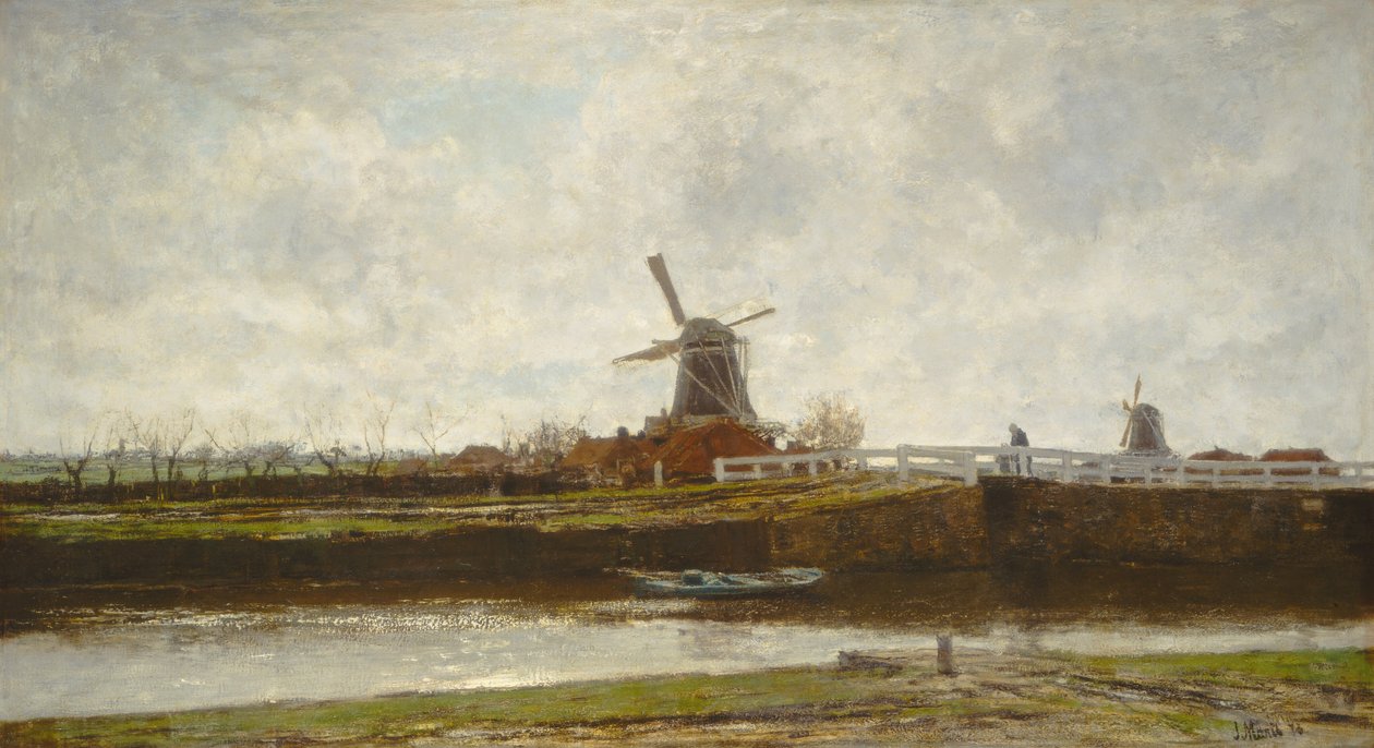 海牙Noordwest Buitensingel上的磨坊和桥梁景观，1873年。 作者 雅各布·亨利克斯·马里斯