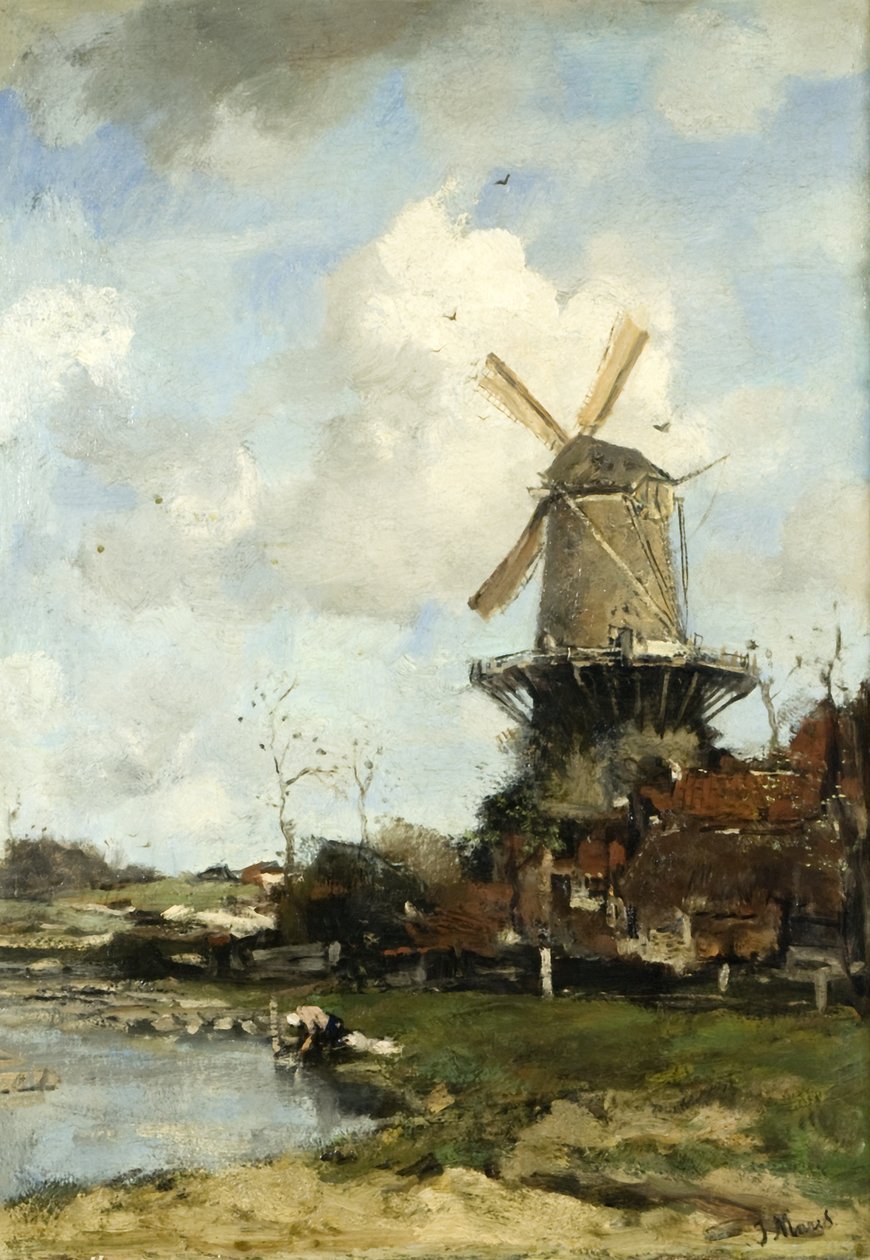 The Mill, Dutch Landscape, c.1880 (oil on canvas) 作者 雅各布·亨里库斯或亨德里克斯·马里斯