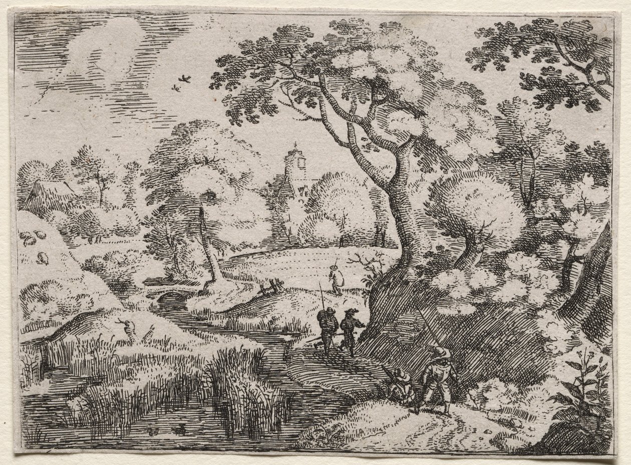 六个风景：沼泽和树木繁茂的银行之间的道路，c。 1595。 作者 雅各布·我·萨维里