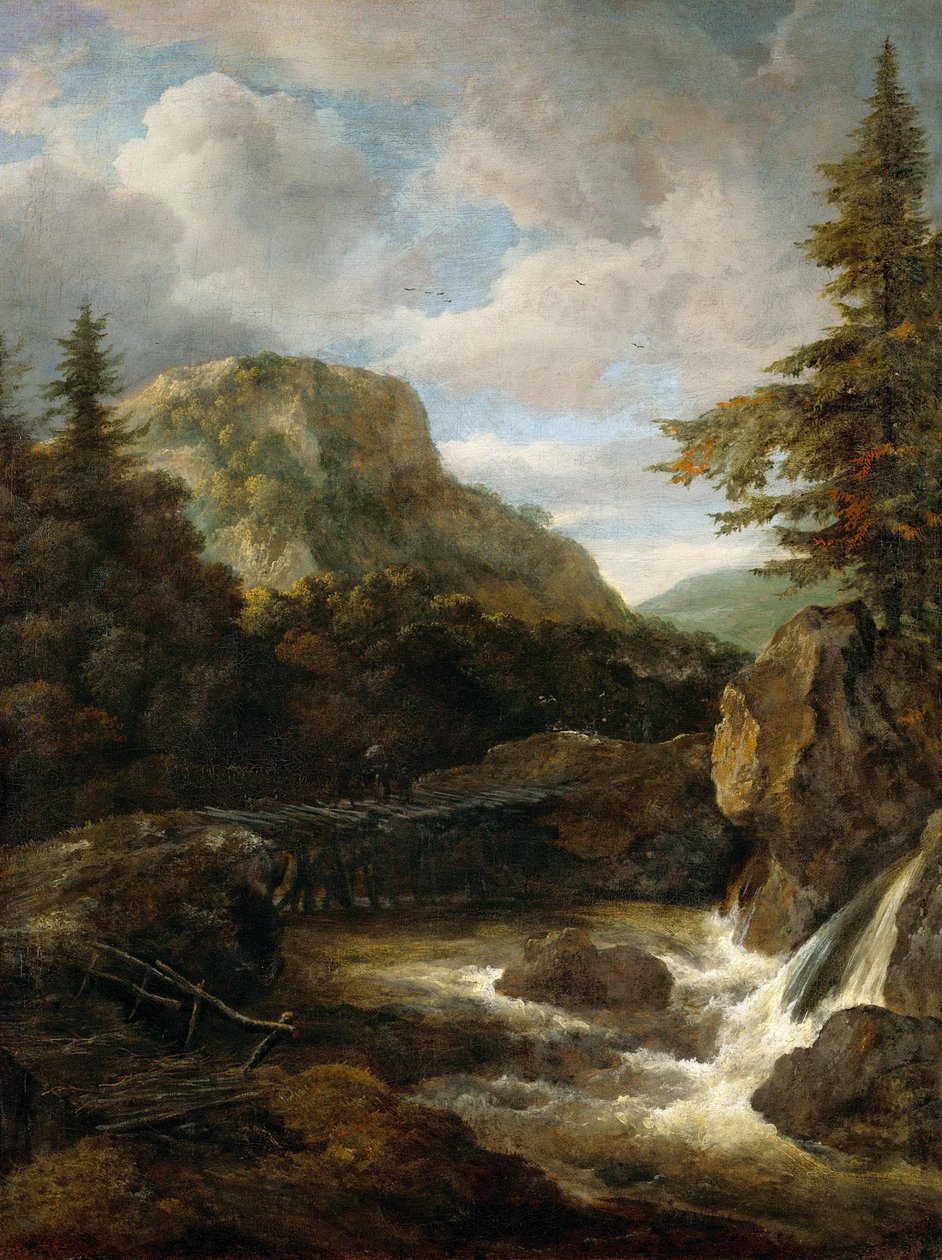 带瀑布的山地景观 - Jacob Isaacksz van Ruisdael (1628/29-1682)。 布面油画，约 1675 年。尺寸：62,5x45,5 厘米。 维也纳艺术史博物馆 作者 雅各布范瑞斯达尔
