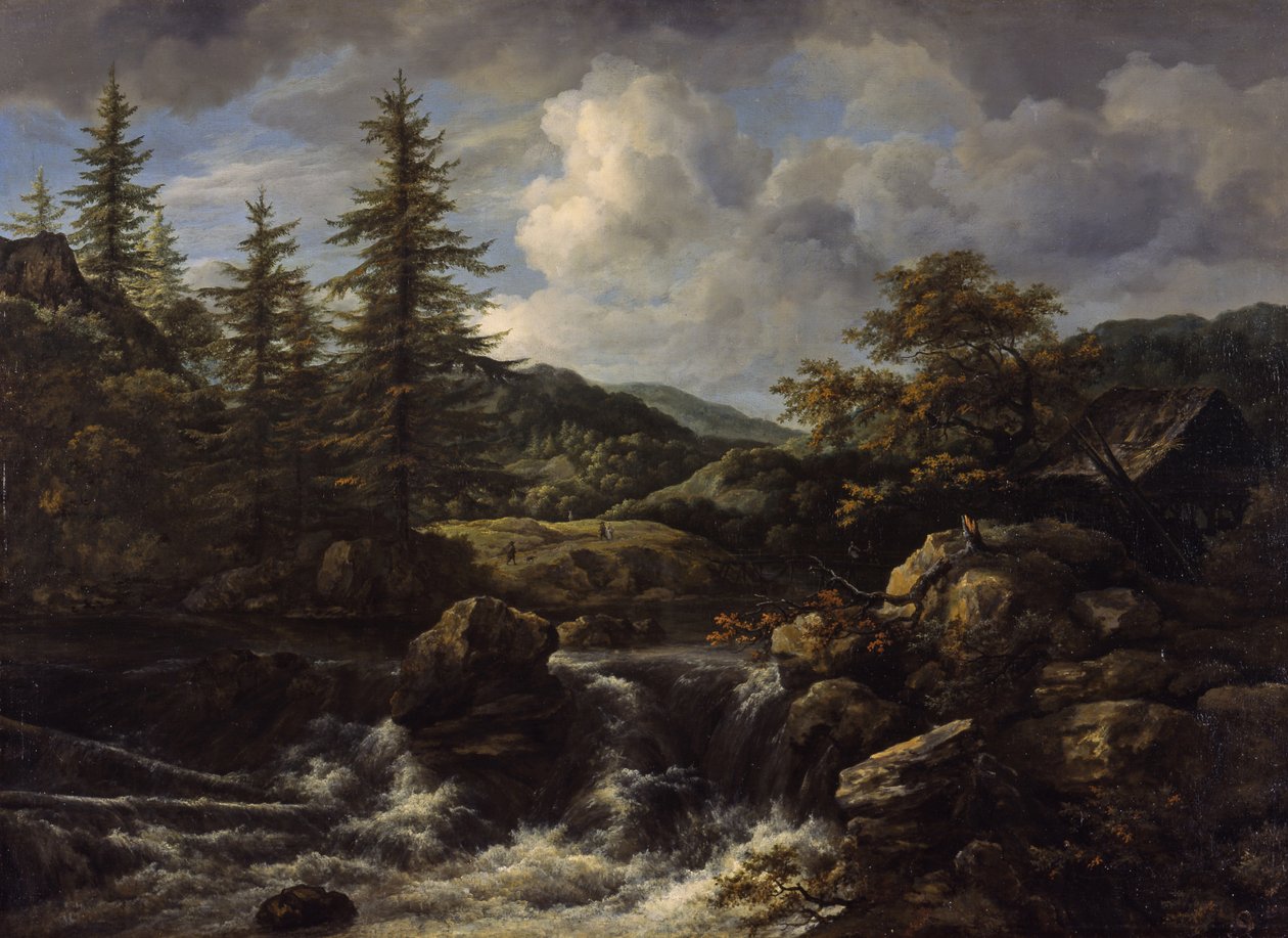 与瀑布的树木繁茂的风景，c.1665-1670 作者 雅各布范瑞斯达尔