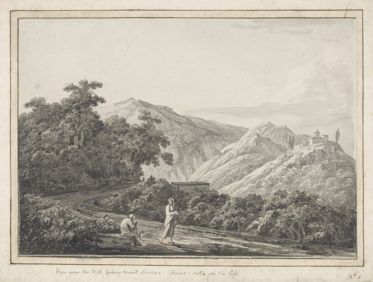 在Mill看到Licenza附近的景色：左边的Horaces Villa，1783年（用笔在纸上用灰色墨水清洗） 作者 雅各布·莫尔