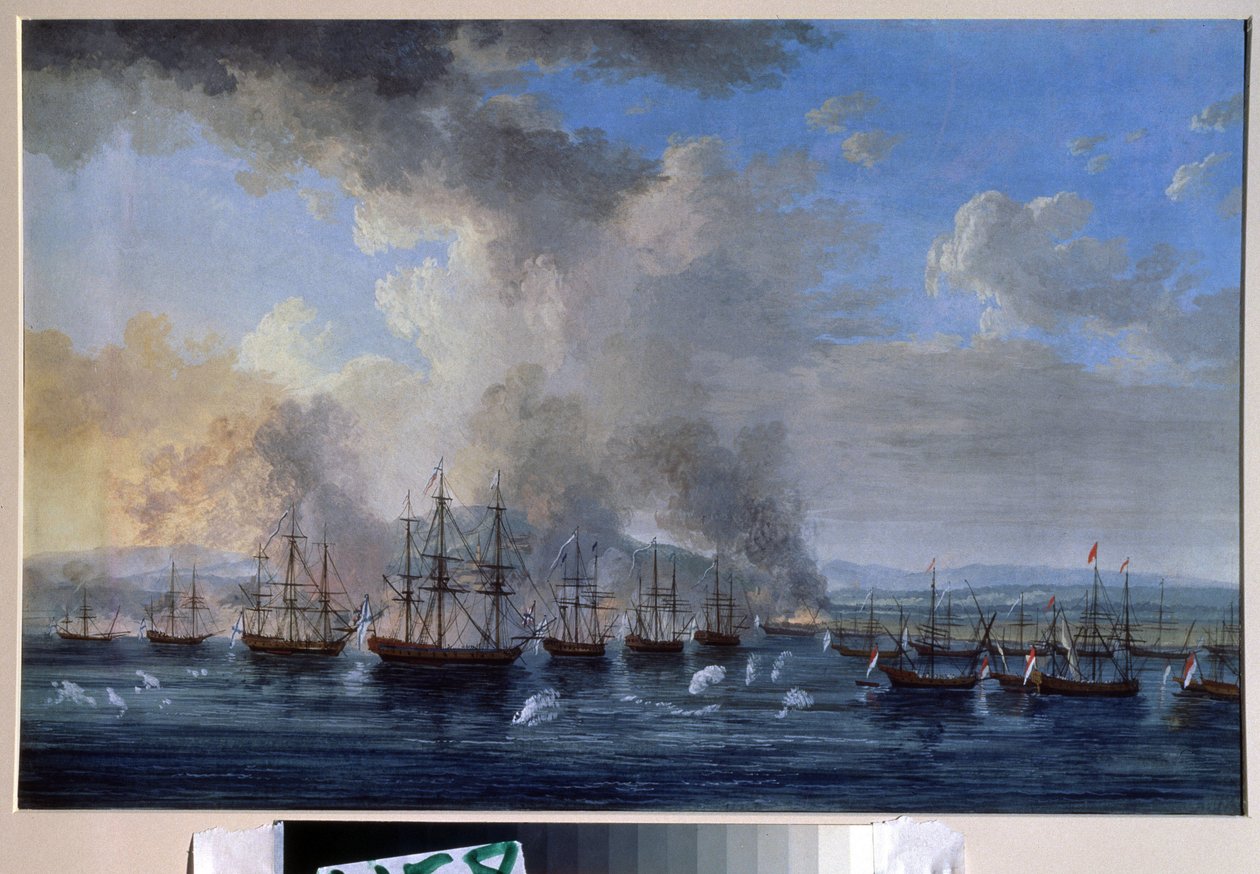 俄奥战争："1770 年达米埃塔海战"（La bataille navale du chateau de Damiette en 1770）这是凯瑟琳二世的俄国舰队与奥斯曼帝国舰队的对决（奥洛夫革命或奥洛夫兄弟远征）。绘画 作者 雅各布·菲利普·哈克特