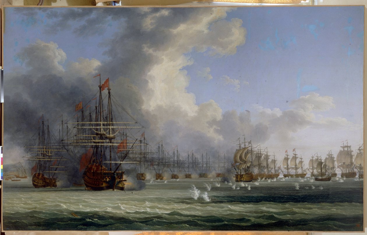 切斯马战役（土耳其）。1770 年 7 月 5 日战斗开始）。在奥尔洛夫起义（1769 年）之后，作为希腊独立战争（1821-1829 年）的先驱，俄罗斯舰队与土耳其军队展开了战斗。 作者 雅各布·菲利普·哈克特