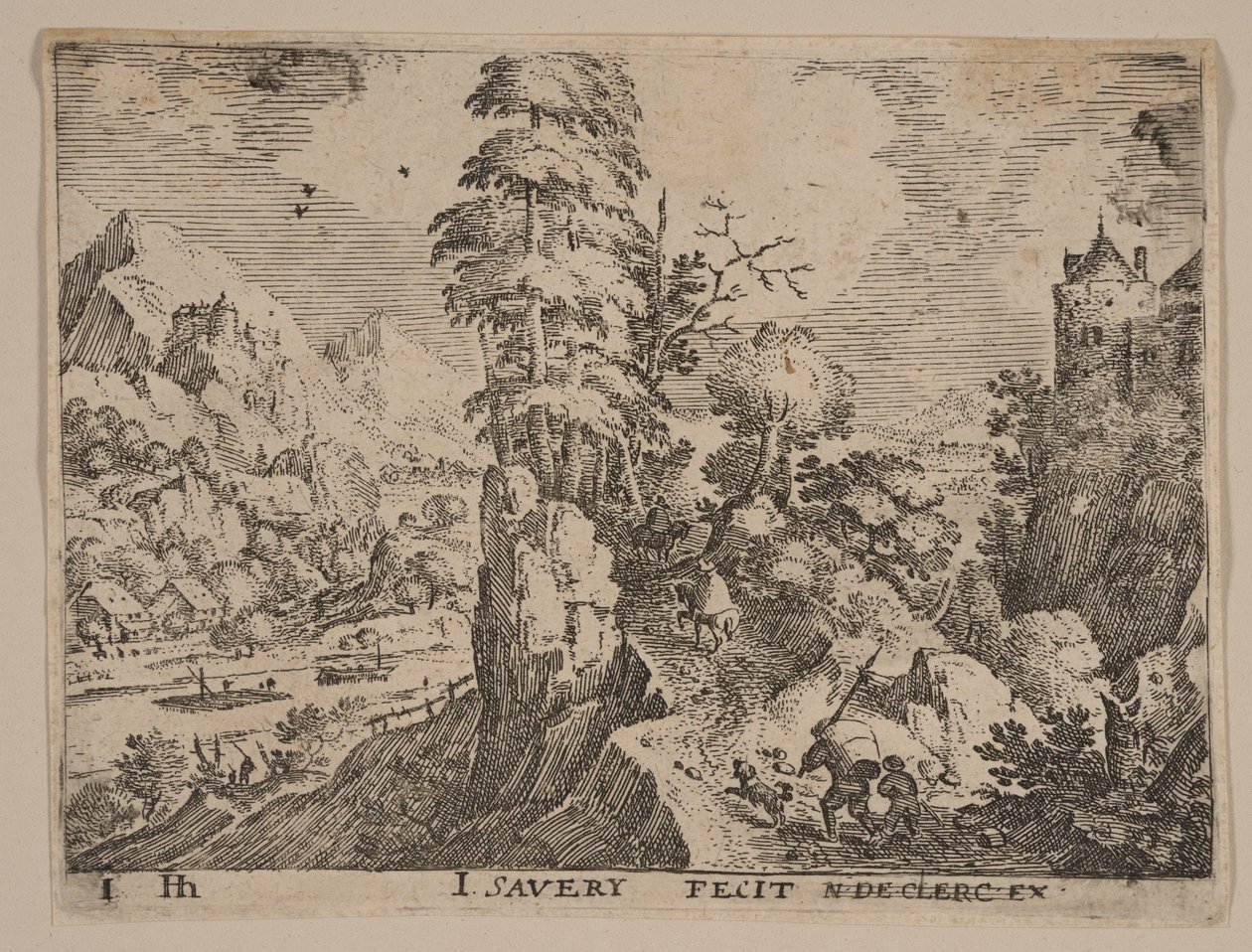 河右侧有旅行者的小路，选自风景画 作者 雅各布·萨维里 I.