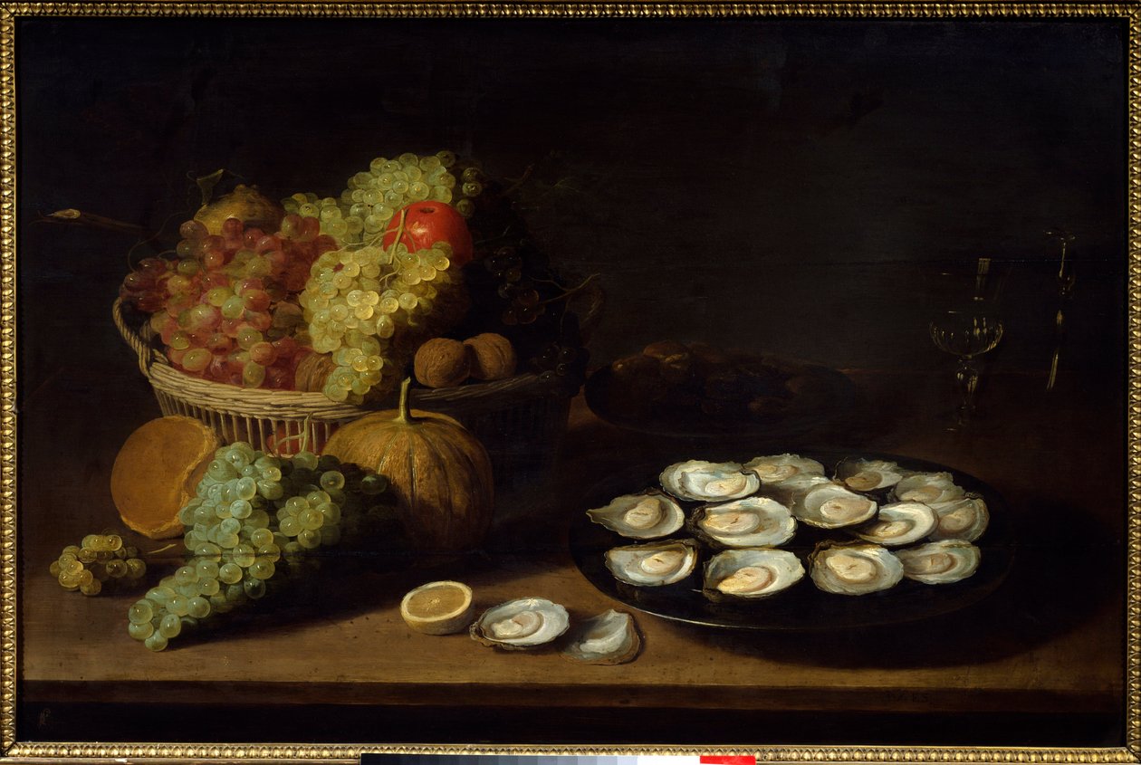 静物，牡蛎和水果。雅各布-福普森-范-埃斯（Jacob Fopsen Van Es，约 1596-1666 年）Ec.弗拉姆 作者 雅各布·范·埃斯