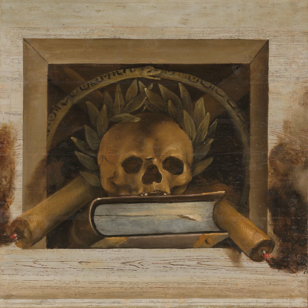 Vanitas 静物与头骨与月桂花环、书和两支燃烧的蜡烛 作者 雅各布·范·坎普