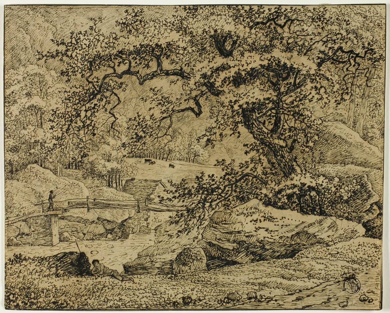 人物在溪边树下休息的风景画 作者 雅各布范瑞斯达尔