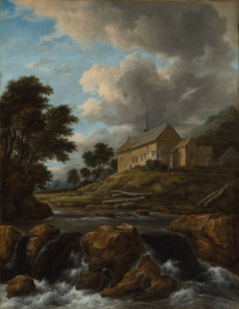 与激流一起的教堂风景，c。 1670。 作者 雅各布范瑞斯达尔