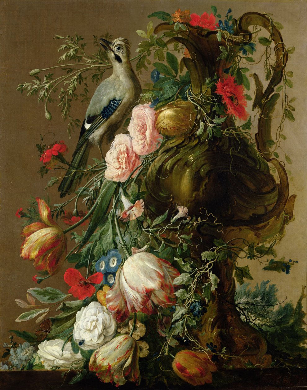 一个雕刻的石花瓶与玫瑰，Auricula，罂粟花，Convulvulus，与杰伊在一个壁架上，1760年 作者 雅各布·冯克