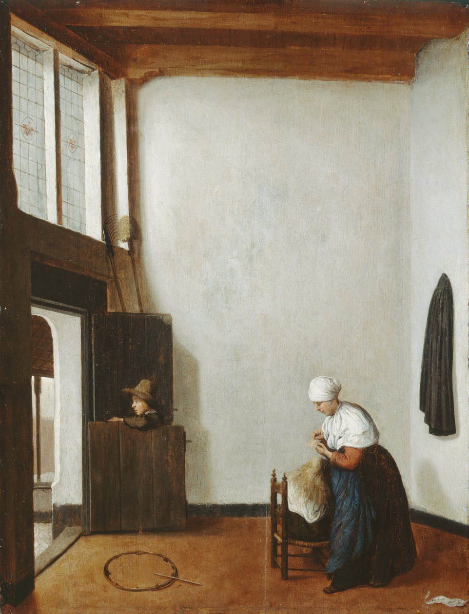 内部与一个女人梳理一个小女孩的头发，c.1662（橡木面板上的油） 作者 Jacobus Vrel或Frel