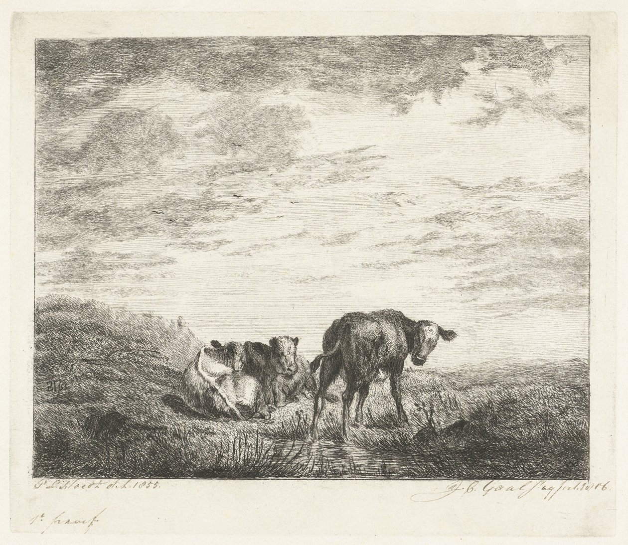 三头小牛 作者 Jacobus Cornelis Gaal（艺术家签名）