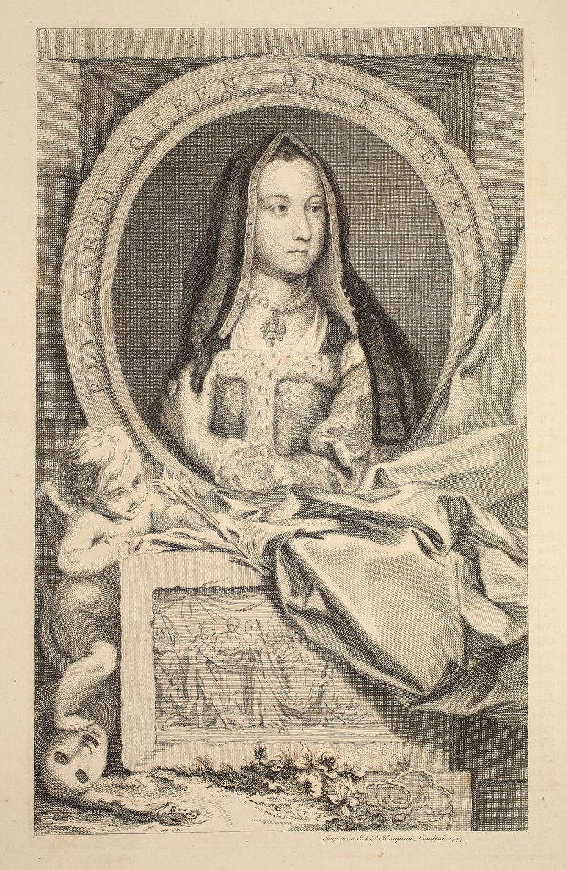 伊丽莎白的肖像，亨利七世的女王，插图来自“英国杰出人物的头”，酒吧。来自1742年伦敦的Knapton 作者 雅各布斯·霍布拉肯