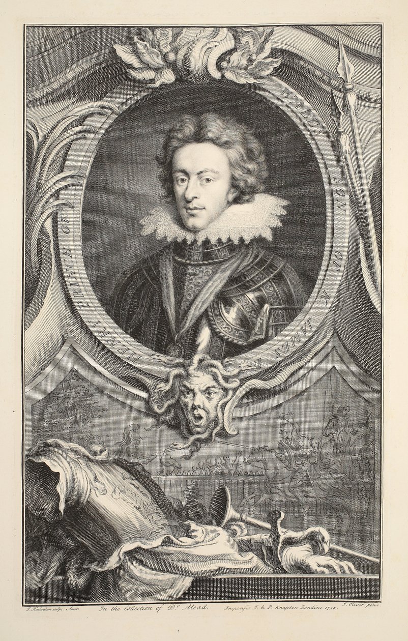 亨利，威尔士亲王的肖像，插图来自“英国杰出人物的头”，酒吧。来自1742年伦敦的Knapton 作者 雅各布斯·霍布拉肯