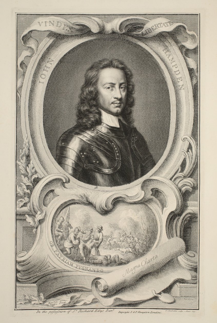 约翰汉普登的肖像，插图来自“英国杰出人物的头”，酒吧。来自1742年伦敦的Knapton 作者 雅各布斯·霍布拉肯