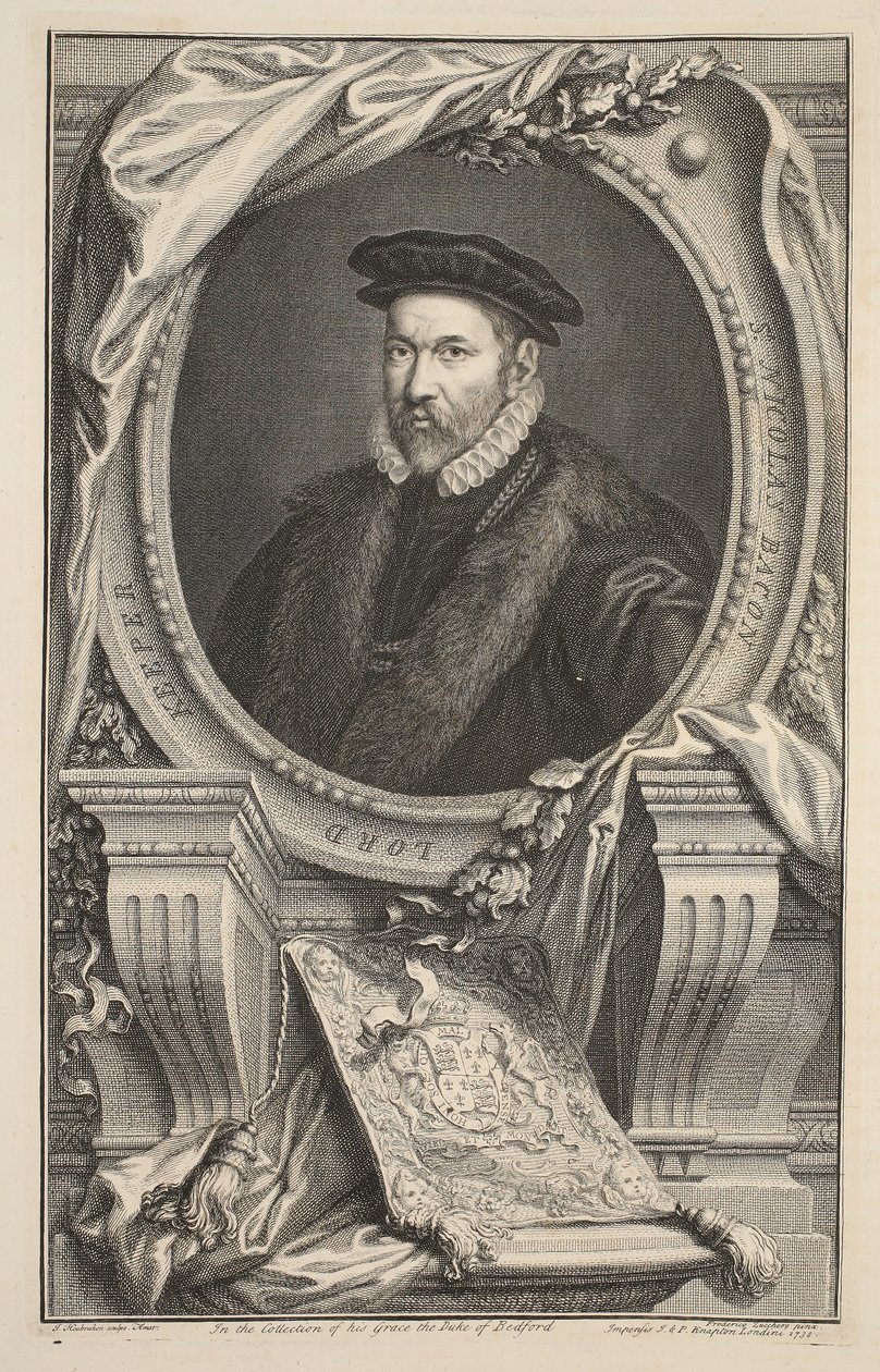 尼古拉斯培根的肖像，插图来自“英国杰出人物的头”，酒吧。来自1742年伦敦的Knapton 作者 雅各布斯·霍布拉肯