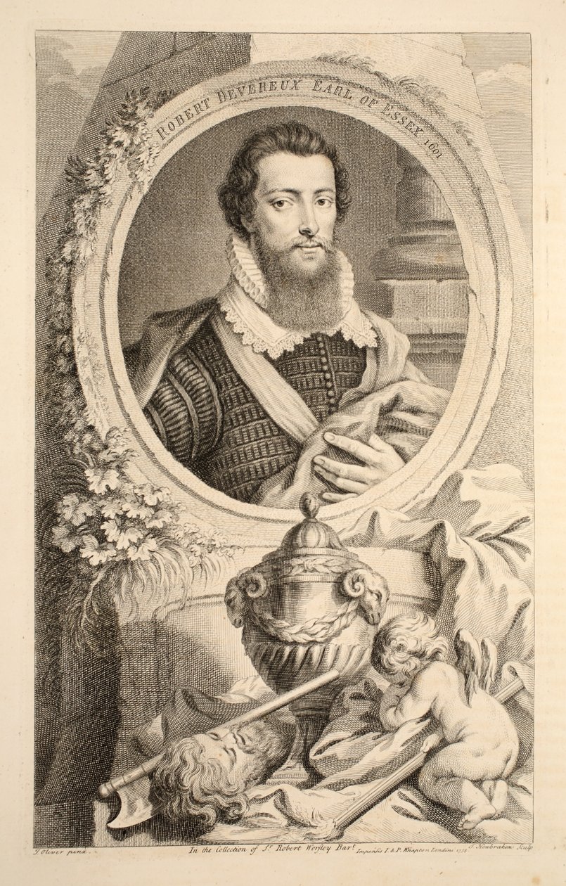 罗伯特德弗罗的肖像，埃塞克斯伯爵，1601年，插图来自“英国杰出人物的头”，酒吧。来自1742年伦敦的Knapton 作者 雅各布斯·霍布拉肯