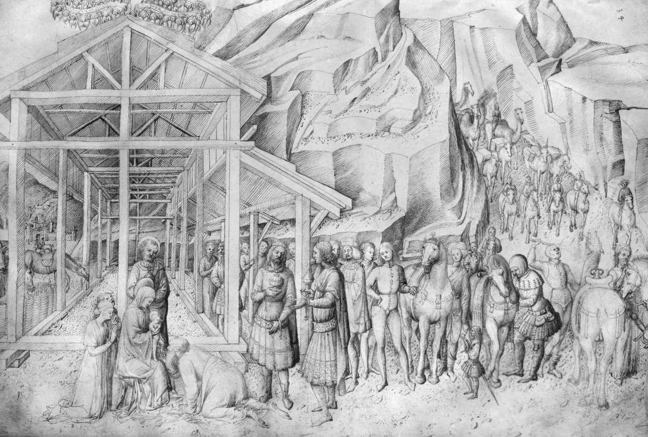 来自Jacopo Bellini的绘画专辑（在牛皮纸上的笔和墨水）对魔法师的崇拜 作者 雅各布·贝里尼（Jacopo Bellini）