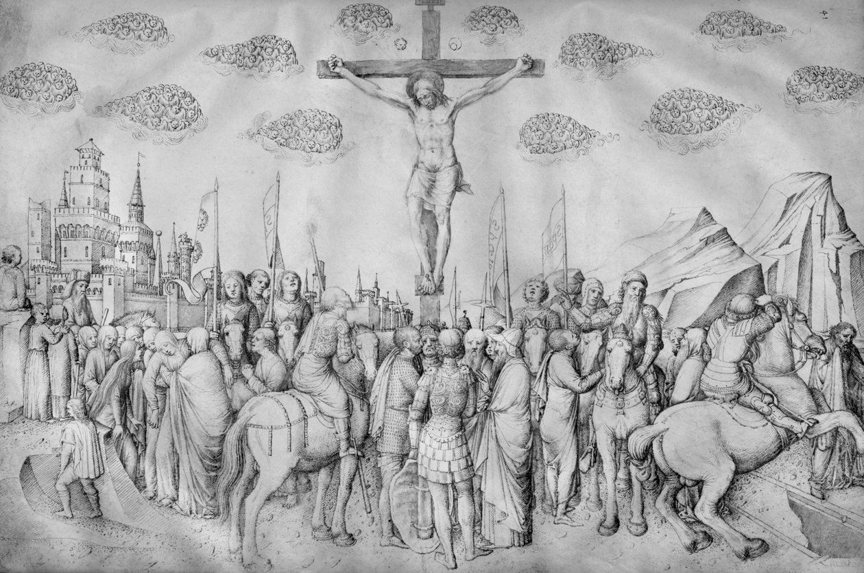 十字架，来自Jacopo Bellini的画册（画布上的笔和墨水） 作者 雅各布·贝里尼（Jacopo Bellini）