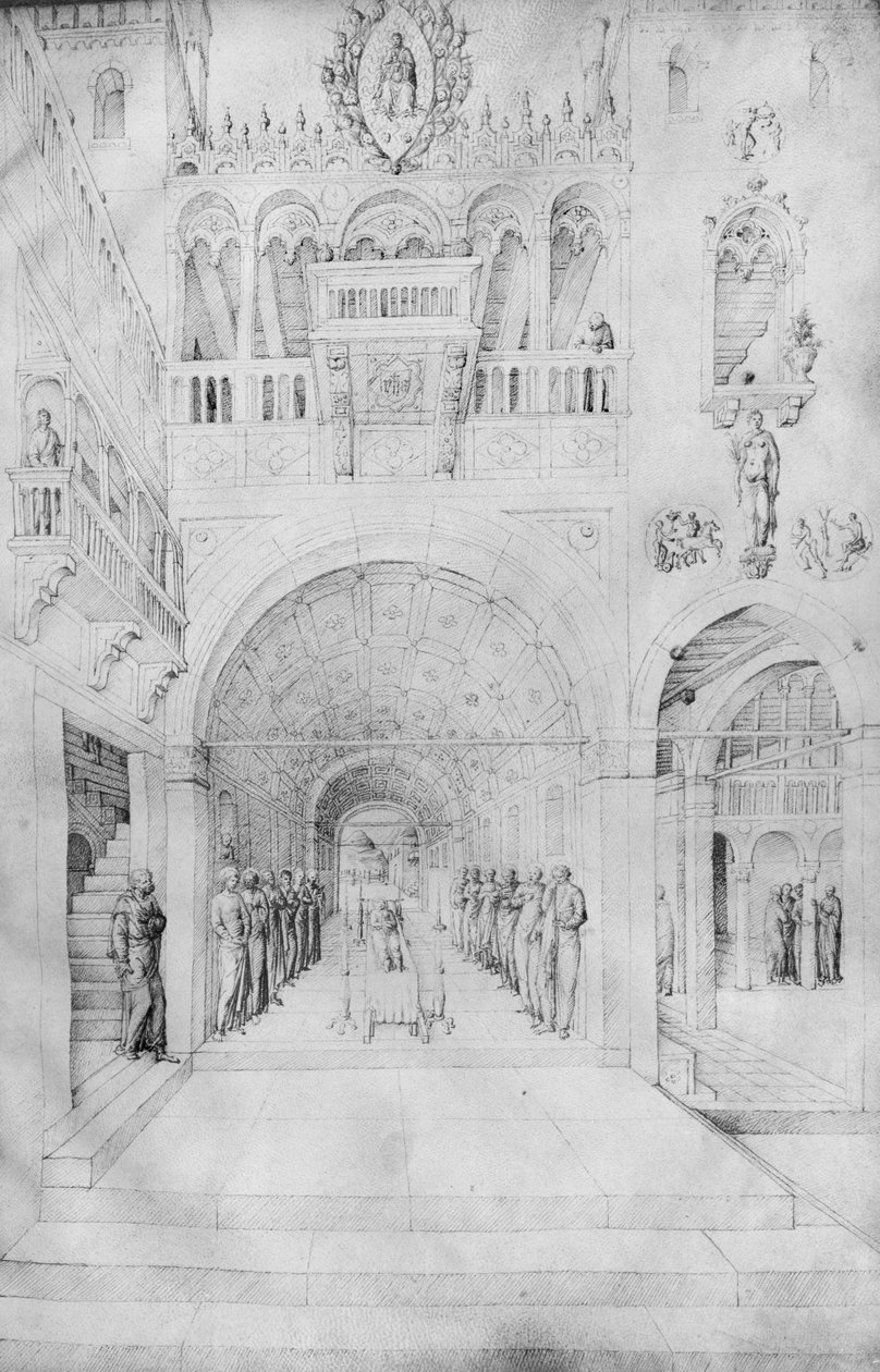 威尼斯宫殿的丰富建筑中的圣母之死，来自Jacopo Bellini的画册（画布上的笔和墨水） 作者 雅各布·贝里尼（Jacopo Bellini）