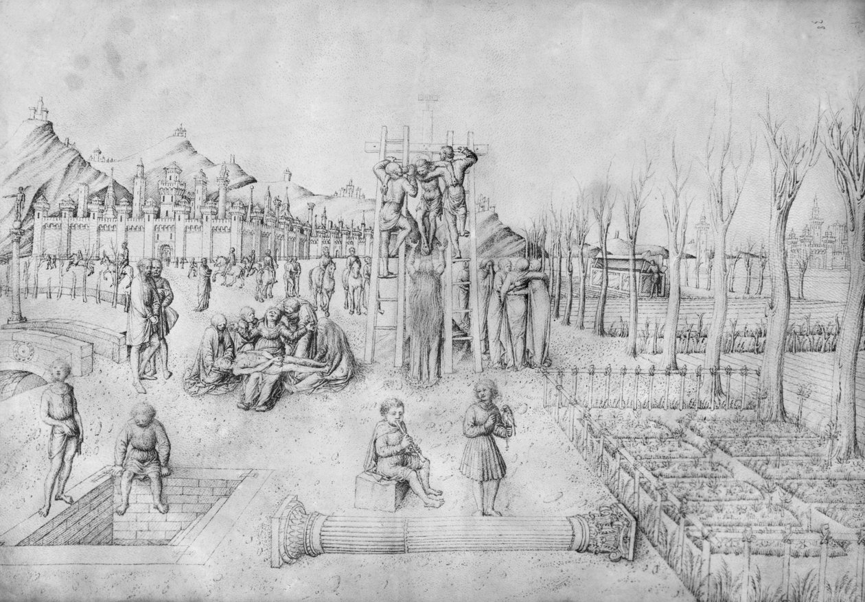 从雅各布·贝利尼（Jacopo Bellini）的绘画专辑（牛皮纸笔和墨水）中的基督在十字架上的下降和哀悼 作者 雅各布·贝里尼（Jacopo Bellini）