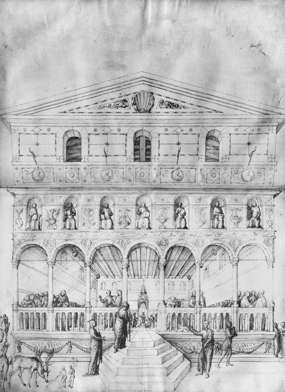 耶稣基督，12岁，在医生的圣殿中，来自Jacopo Bellini的绘画专辑（笔和牛皮纸上的墨水） 作者 雅各布·贝里尼（Jacopo Bellini）
