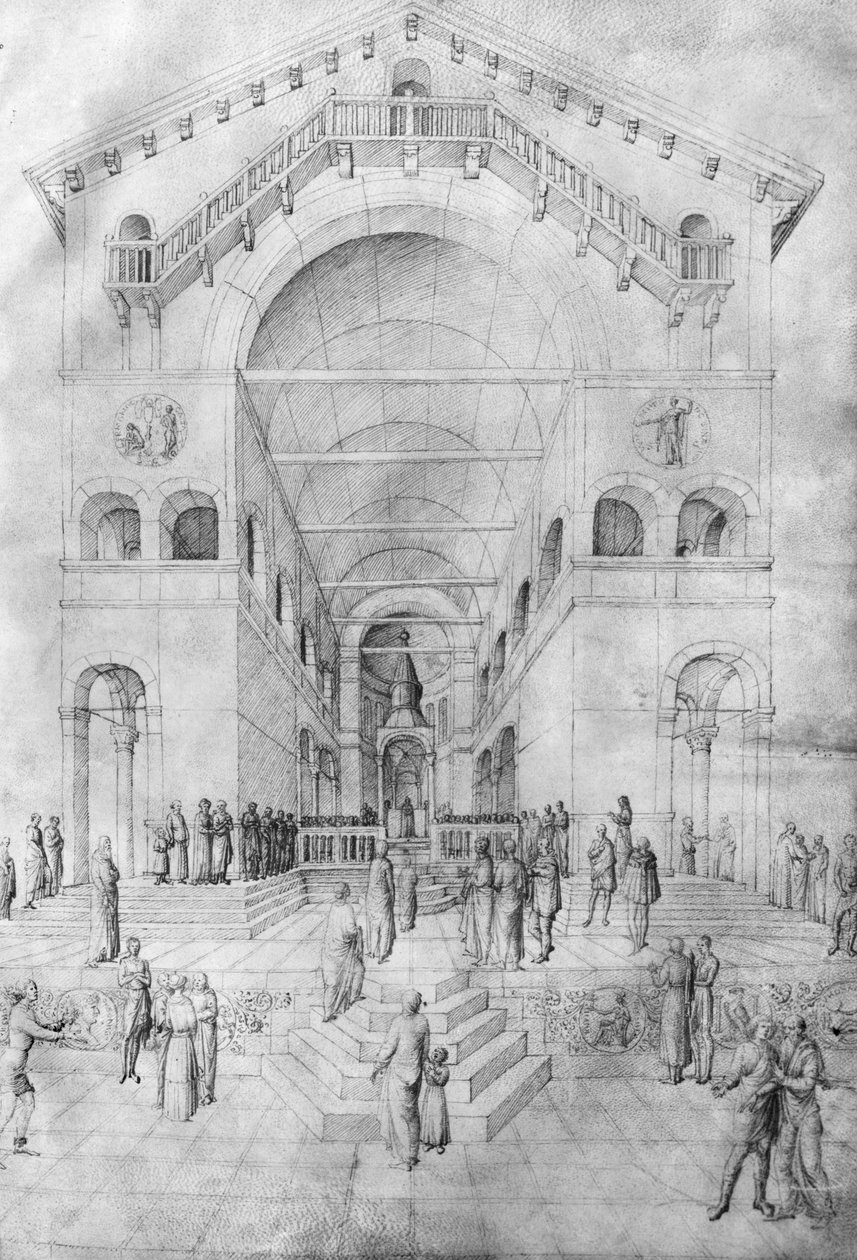 从雅各布·贝利尼（Jacopo Bellini）的画册（画布上的笔和墨水）中呈现圣殿中的处女 作者 雅各布·贝里尼（Jacopo Bellini）