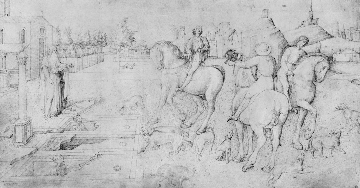 三个死人和三个活人，来自Jacopo Bellini的绘画专辑（笔和棕色墨水和牛皮纸上的金属点） 作者 雅各布·贝里尼（Jacopo Bellini）