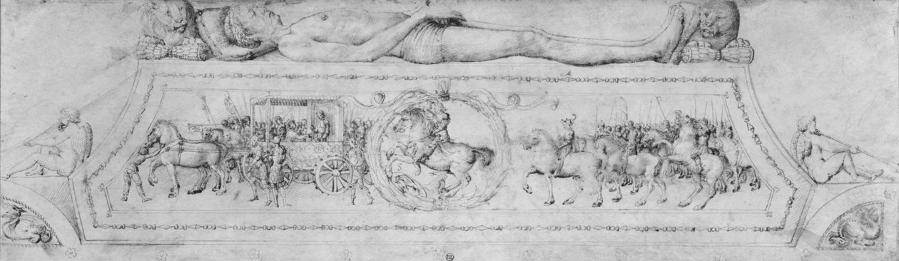 王子之墓，来自Jacopo Bellini的绘画专辑（笔和棕色墨水和牛皮纸上的金属点） 作者 雅各布·贝里尼（Jacopo Bellini）