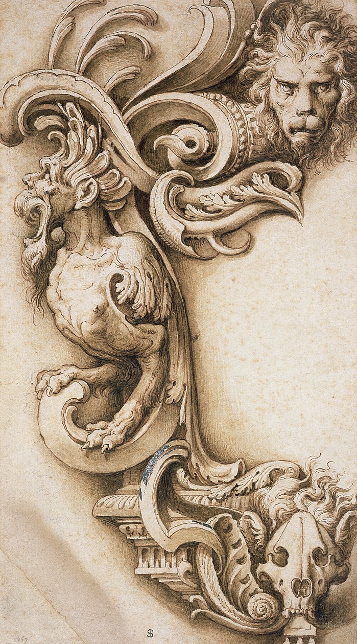 怪诞卷轴（笔和纸上的棕色墨水） 作者 雅各布·利戈齐（Jacopo Ligozzi）