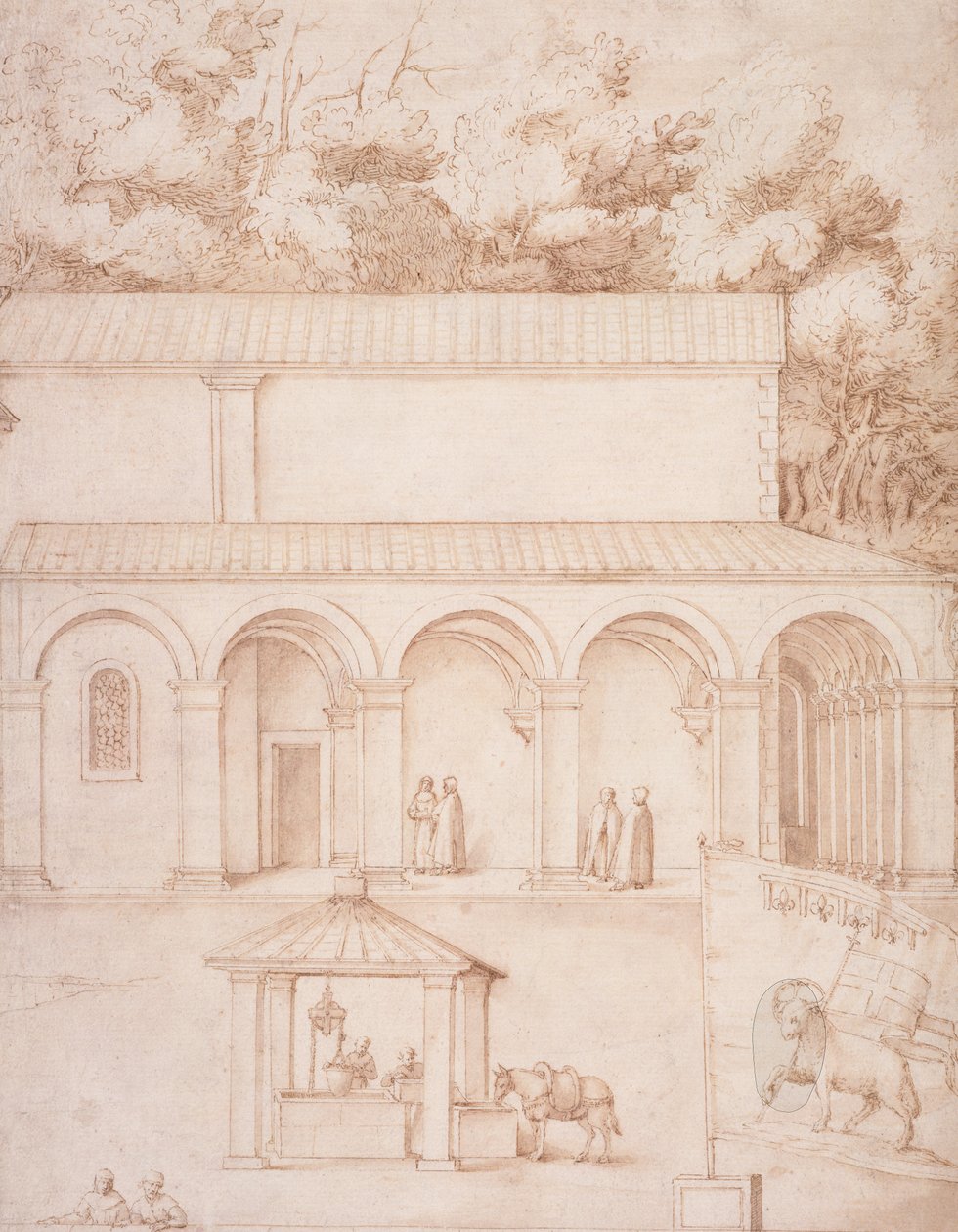 PD.54-1997 La Verna修道院，庭院和井的视图，c.1607-12（纸上用水洗，纸笔） 作者 雅各布·利戈齐（Jacopo Ligozzi）