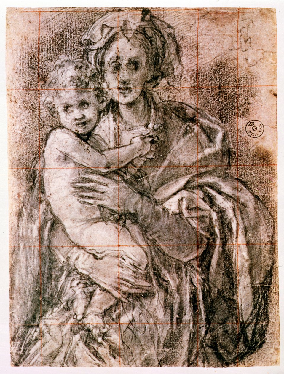 与圣约瑟夫和施洗约翰一起研究圣母子女，1521-27（黑色粉笔在纸上）（另见226976） 作者 雅各布·蓬托尔莫