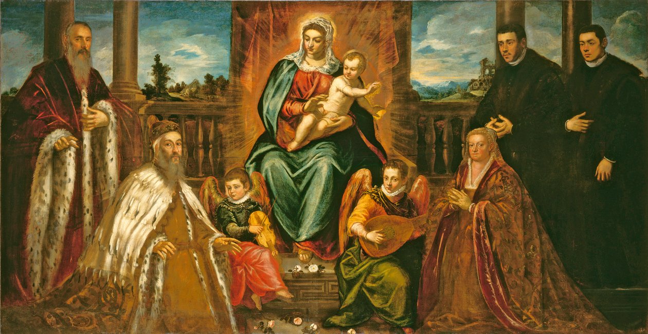 在麦当娜和儿童之前，Doge Alvise Mocenigo和家庭，1573年 作者 雅各布·罗布斯提·丁托列托