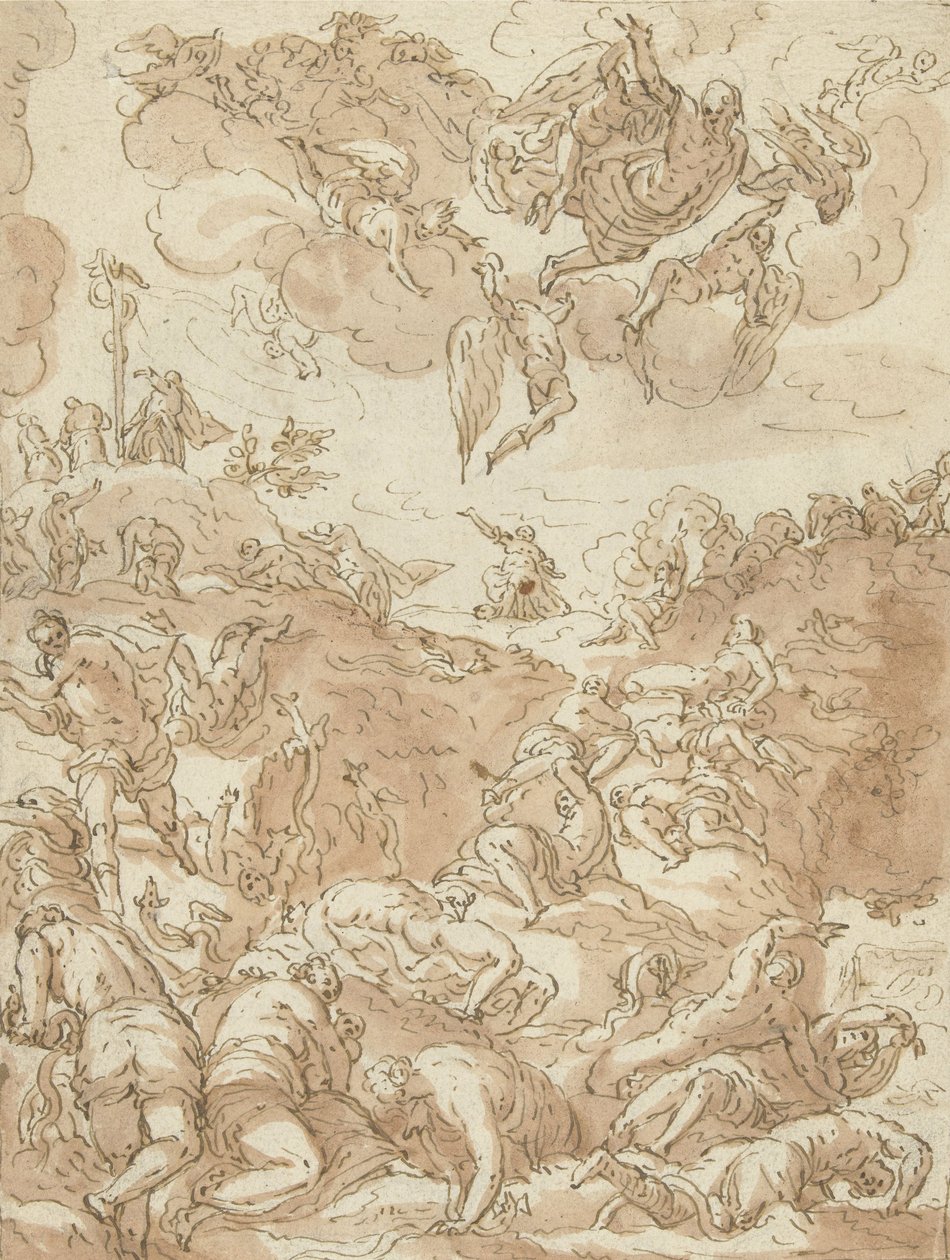 The Brazen Serpent，1581（笔在纸上） 作者 丁托列托之后的雅各布·罗布斯提