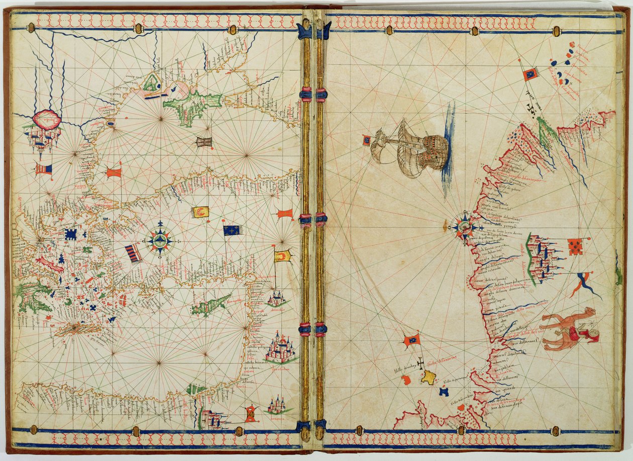 Ital女士550.0.3.15 fol.4v-5r东地中海沿岸和群岛地图，来自&39;Carte Geografiche&39;（牛皮纸） 作者 雅各布·鲁索（Jacopo Russo）