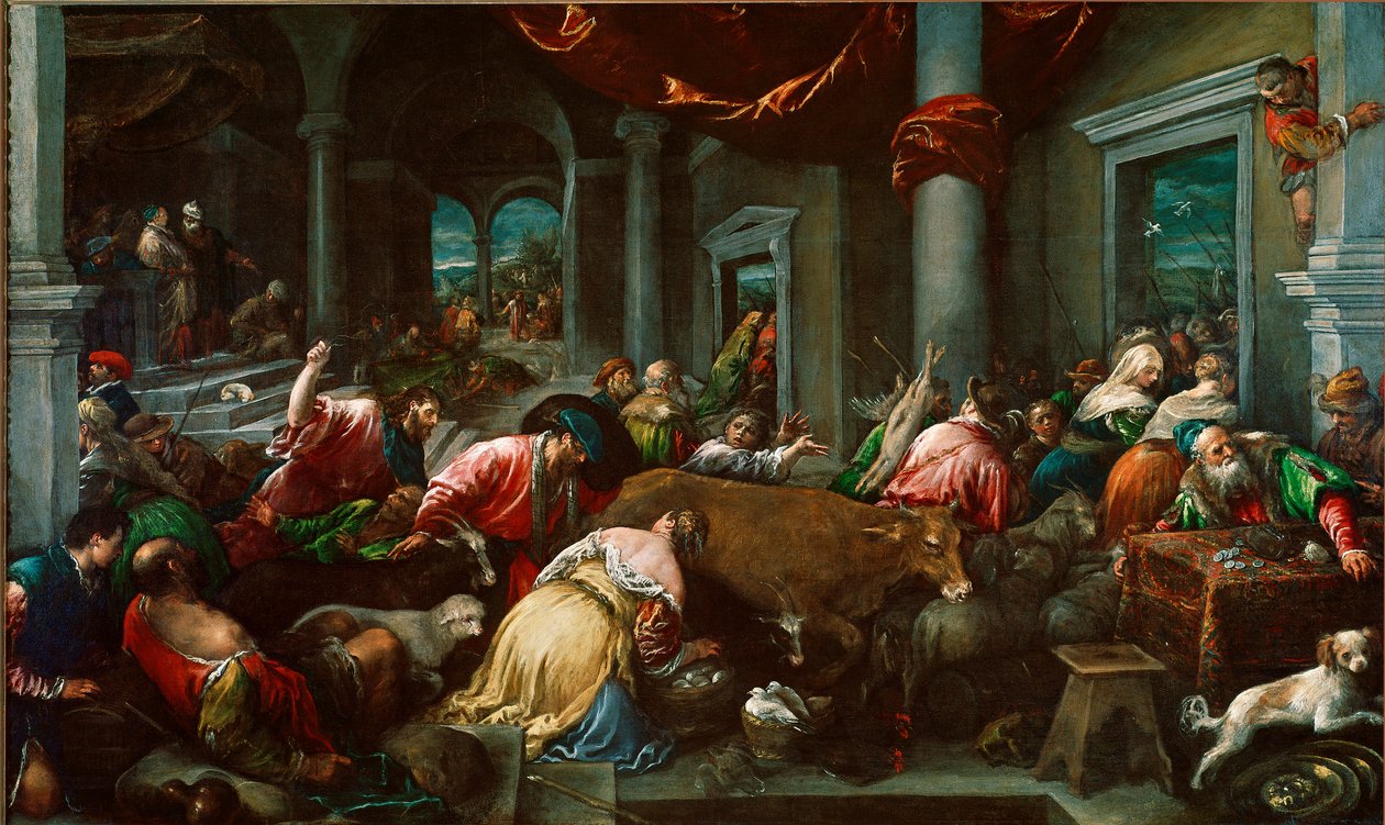 Jacopo Da Ponte di Jacopo Bassano（约 1517 年 - 1592 年）的《圣殿的净化或“基督从圣殿追逐商人”》。 160x265 厘米伦敦，国家美术馆 作者 哈科波·巴萨诺（Jacopo Bassano）