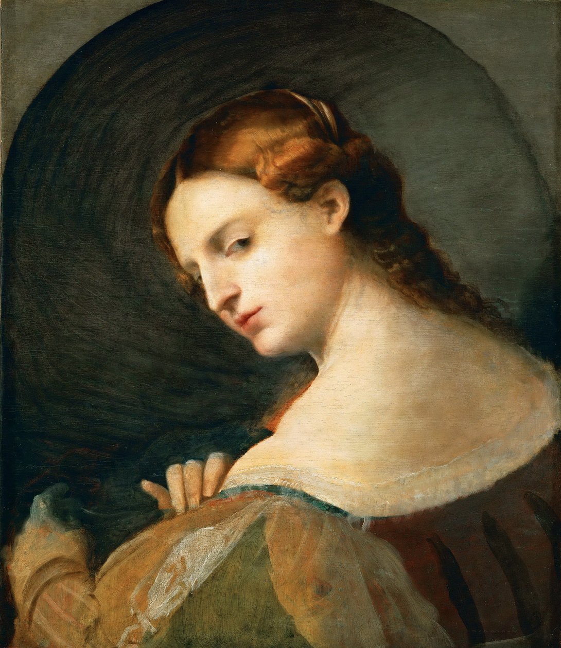 Portrait de jeune femme de profil - Portrait of a young woman in profile, by Palma il Vecchio, Jacopo, the Elder (1480-1528). Oil on wood, c. 1520. Dimension : 49x42,4 cm. Art History Museum, Vienne 作者 哈科波（c.1480-1528）帕尔玛