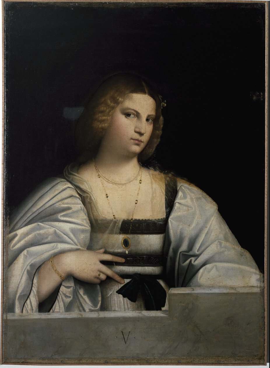 一位女士的肖像，童贞的寓言。 （绘画 作者 哈科波（c.1480-1528）帕尔玛