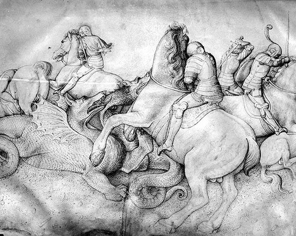 对抗龙，c.1450（牛皮纸上的墨水） 作者 雅各布·贝里尼（Jacopo Bellini）