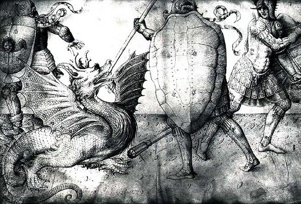 战斗龙的勇士，c.1450（牛皮纸上的墨水） 作者 雅各布·贝里尼（Jacopo Bellini）