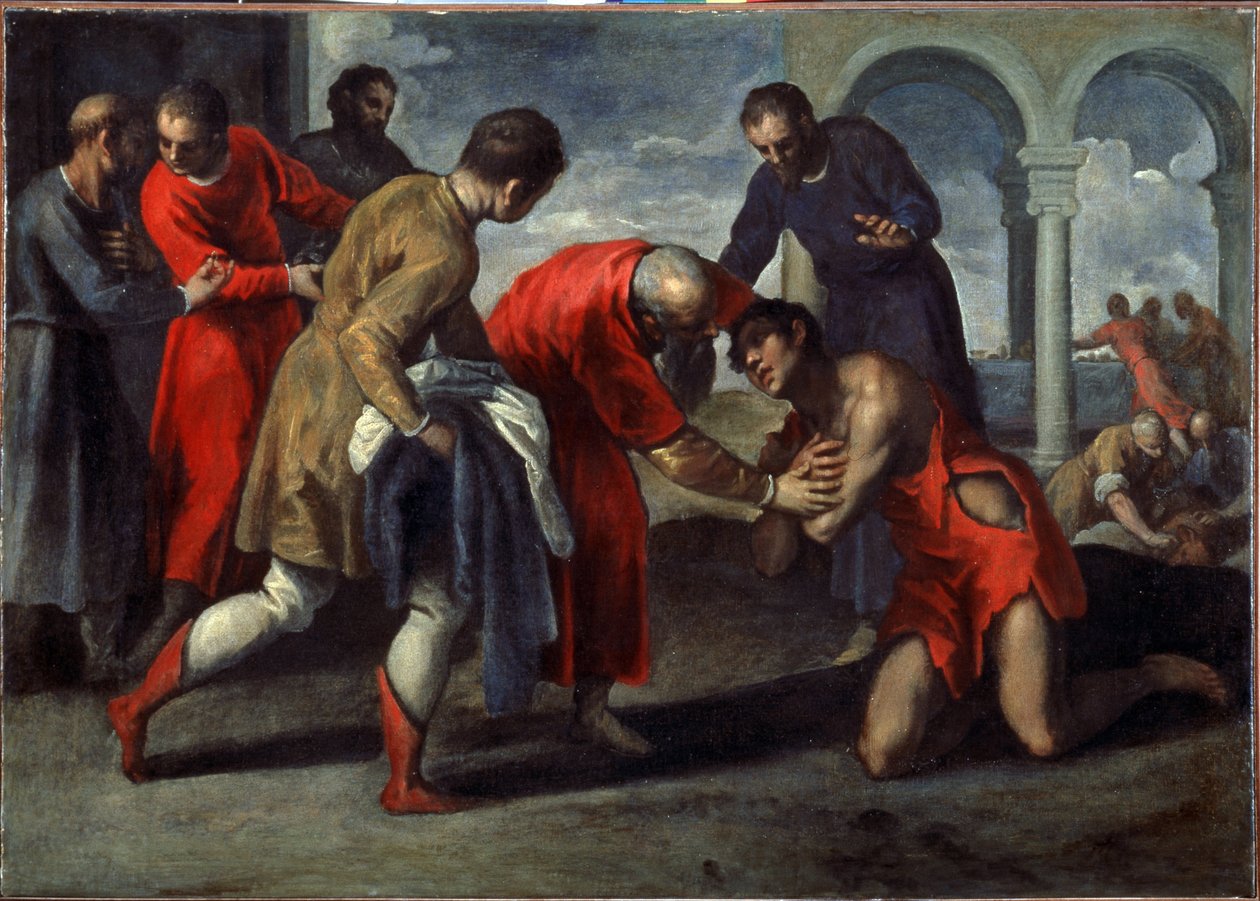 浪子归来。 雅各布·帕尔马·乔瓦内 (Jacopo Palma il Giovane the Younger，1544-1628 年) 的绘画，1600 年以后。布面油画。 意大利艺术，矫饰主义风格。 威尼斯学院美术馆 作者 雅各布·伊尔·乔瓦内·帕尔马