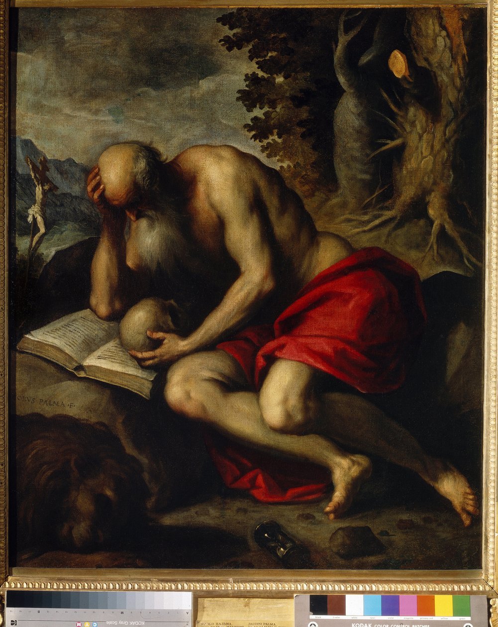 圣杰罗姆. 小雅各布·帕尔马·伊尔·乔瓦内 (Jacopo Palma il Giovane the young, 1544-1628) 的绘画，布面油画 作者 雅各布·伊尔·乔瓦内·帕尔马