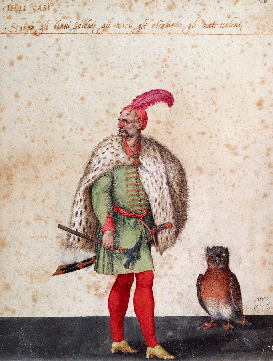 带着猫头鹰的土耳其士兵，雅各布-利戈齐（1547-1627）的画作 作者 雅各布·利戈齐（Jacopo Ligozzi）