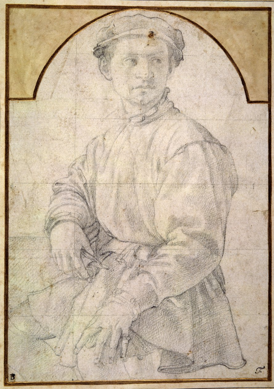 一个戴帽子的坐着的青年（纸上粉笔画 作者 雅各布·蓬托尔莫