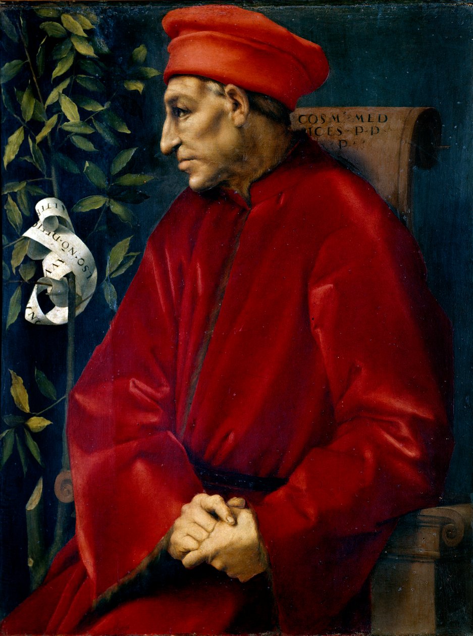 科西莫 (Cosimo de Medici) 的肖像，被称为老美第奇科西莫 (1389-1464) 雅格布 (Iacopo) Carrucci dit il Pontormo (Pontormo) (1494-1556) 的绘画 作者 雅各布·蓬托尔莫