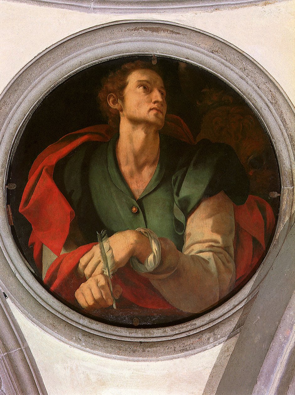 圣卢卡 - Saint Luc - Peinture de Jacopo Carrucci dit il Pontormo (Pontorme) (1494-1556) 1527-1528 直径 70 厘米 佛罗伦萨，Santa Felicita 教堂，Cappella Capponi ©UIG/Leemage 作者 雅各布·蓬托尔莫