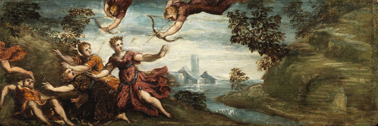 阿波罗和阿耳特弥斯杀死尼奥比的孩子，约1545-48（板画油画 作者 Jacopo Robusti（丁托列托的工作室）