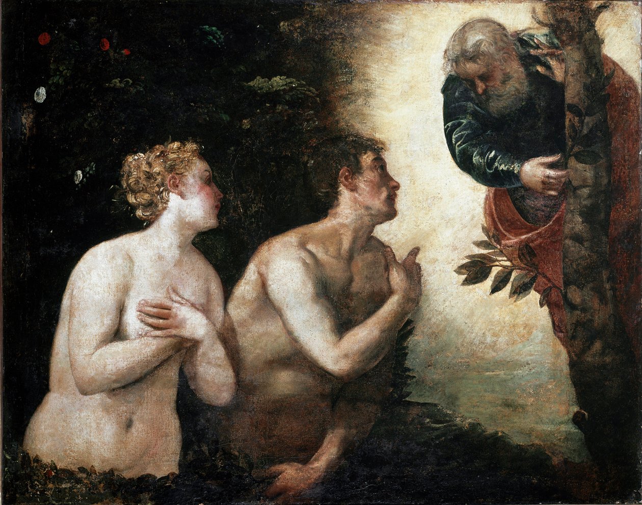 亚当和夏娃面对永恒之父雅格布·罗布斯蒂绘画说丁托列 (Tintoretto) (1518-1594) 1550-1553 太阳。 90x110 厘米佛罗伦萨，Palazzo Pitti，Galleria Palatina 作者 雅各布·罗布斯提·丁托列托